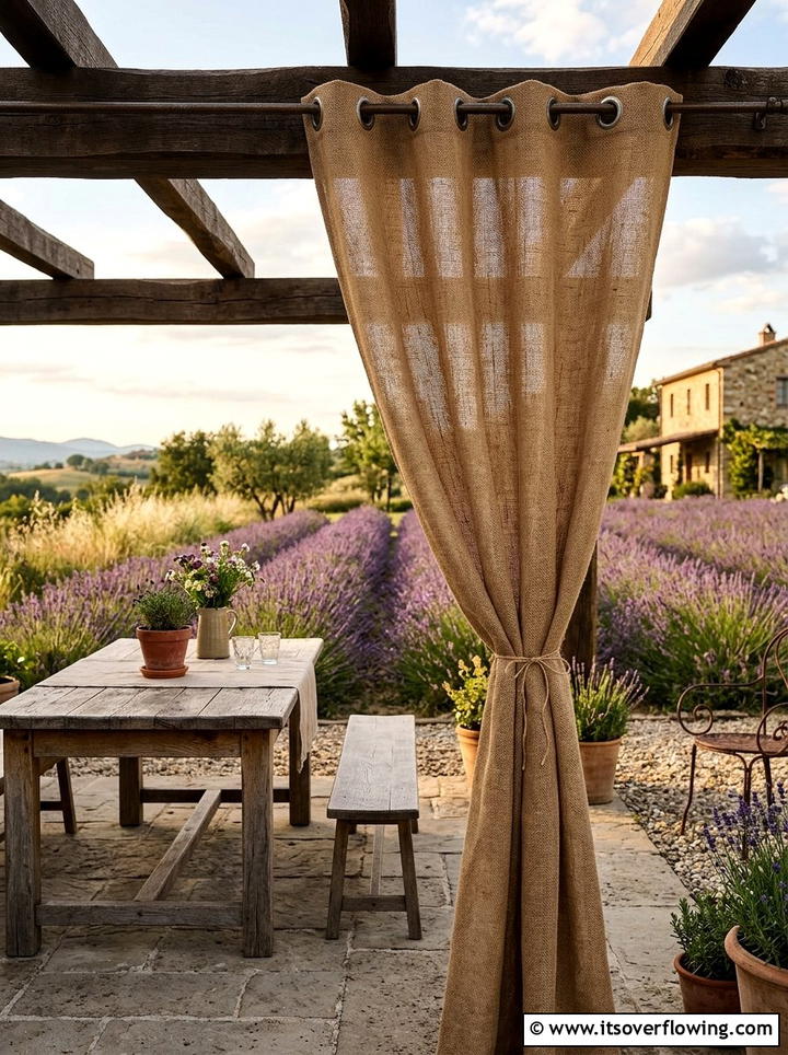 Burlap outdoor curtain panels - 25 garden decor ideas with pergola curtains