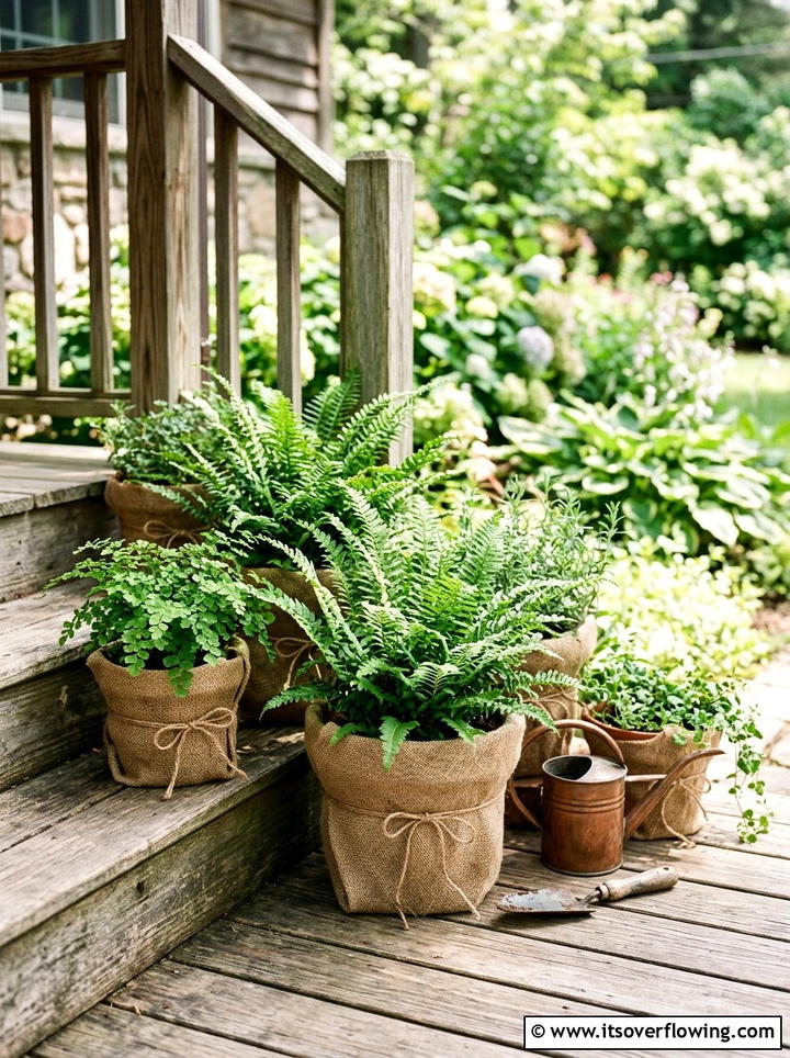 Burlap wrapped flower pots - 25 garden decor ideas with rustic accents