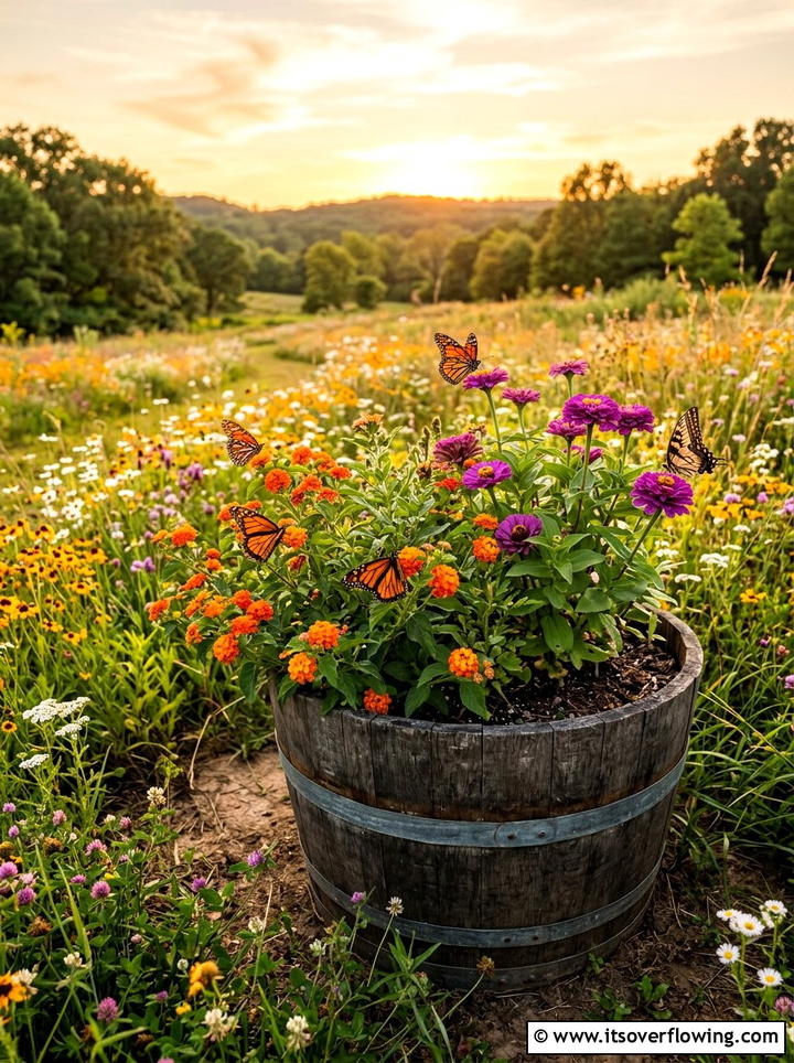 Butterfly Garden Barrel Planter - 25 backyard ideas with barrel planter