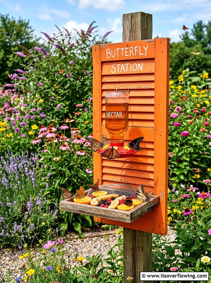 Butterfly feeder station - 25 upcycled garden ideas with old shutters