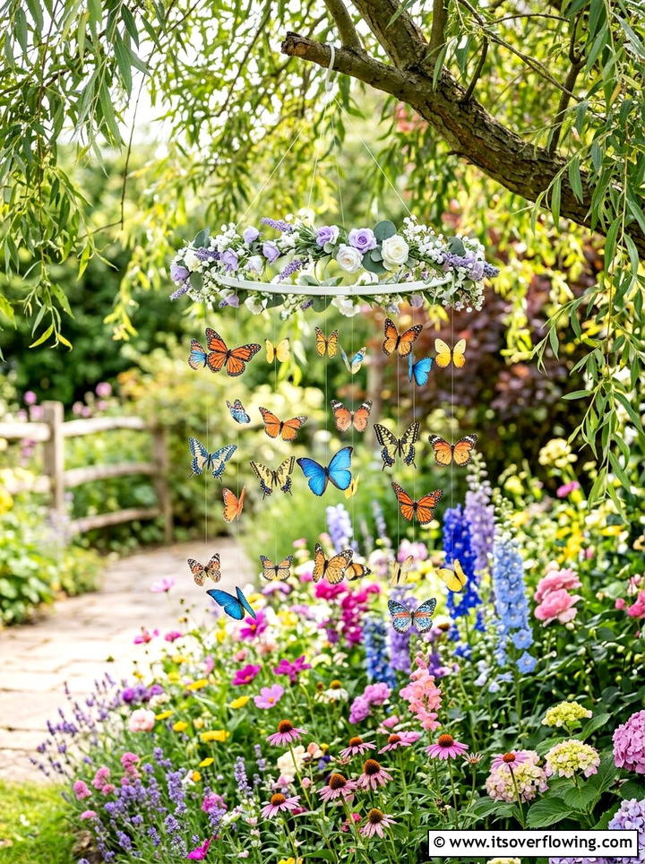 Butterfly floral hoop mobile - 25 garden decor ideas with floral hoops