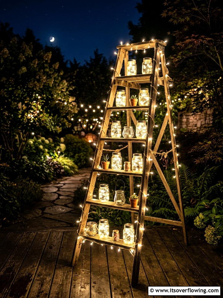 Butterfly garden ladder display - 25 upcycled garden ideas with ladder shelves