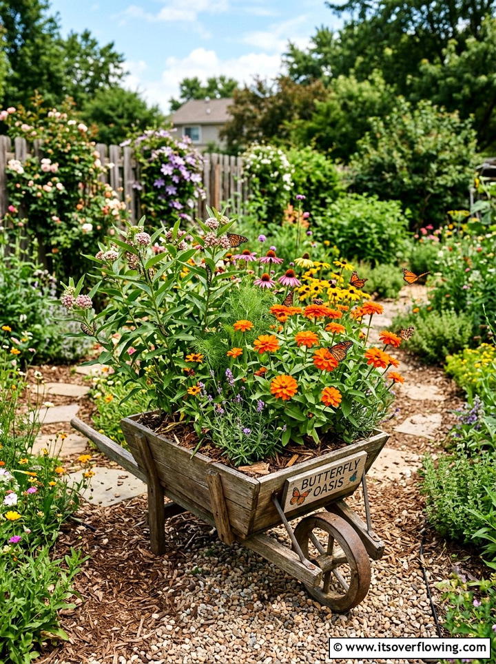 Butterfly garden wheelbarrow - 25 upcycled garden ideas with old wheelbarrows
