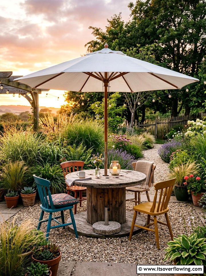Cable Drum Table - 25 upcycled garden ideas with outdoor tables