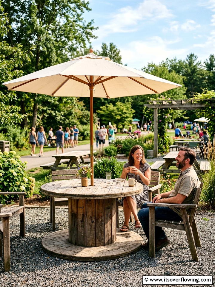 Cable Spool Garden Table - 25 recycled garden ideas for community spaces