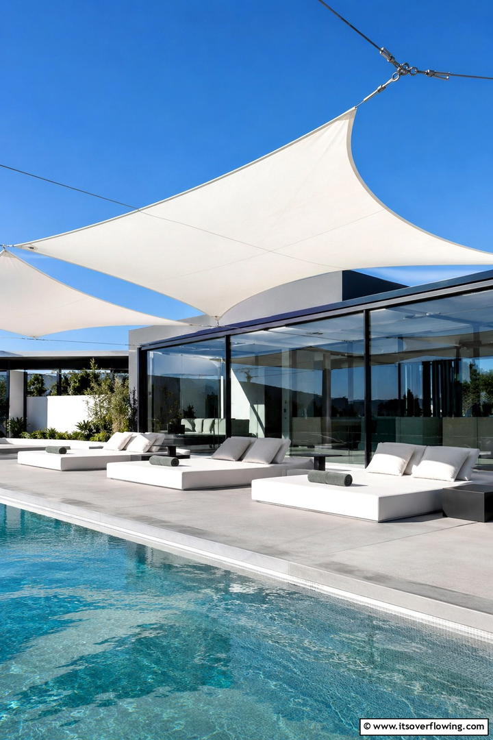 Cable Supported Shade for Minimalist Design - 30 Pool Shade Ideas for a Cool and Relaxing Oasis