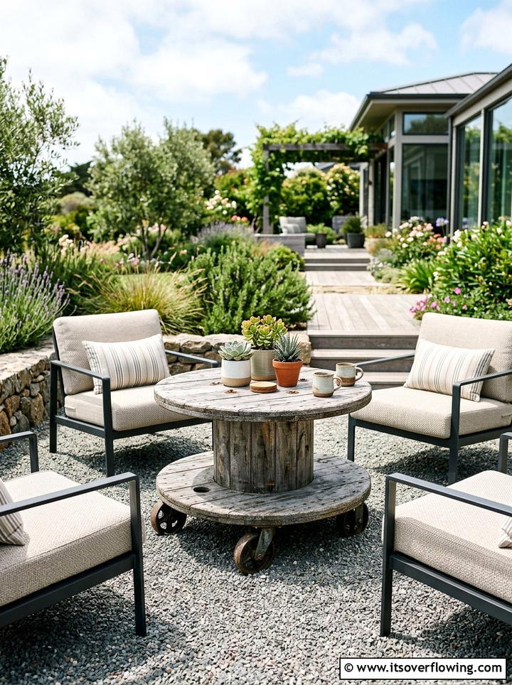 Cable spool coffee table - 25 recycled garden ideas with cable spools