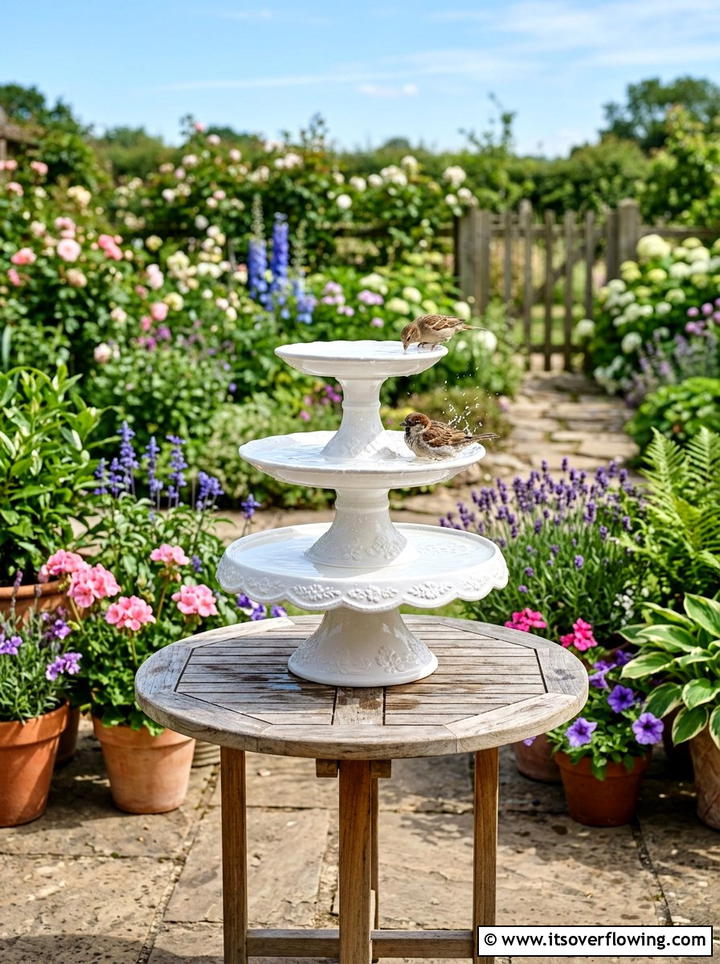 Cake stand bird bath - 25 reusing old things ideas for bird baths