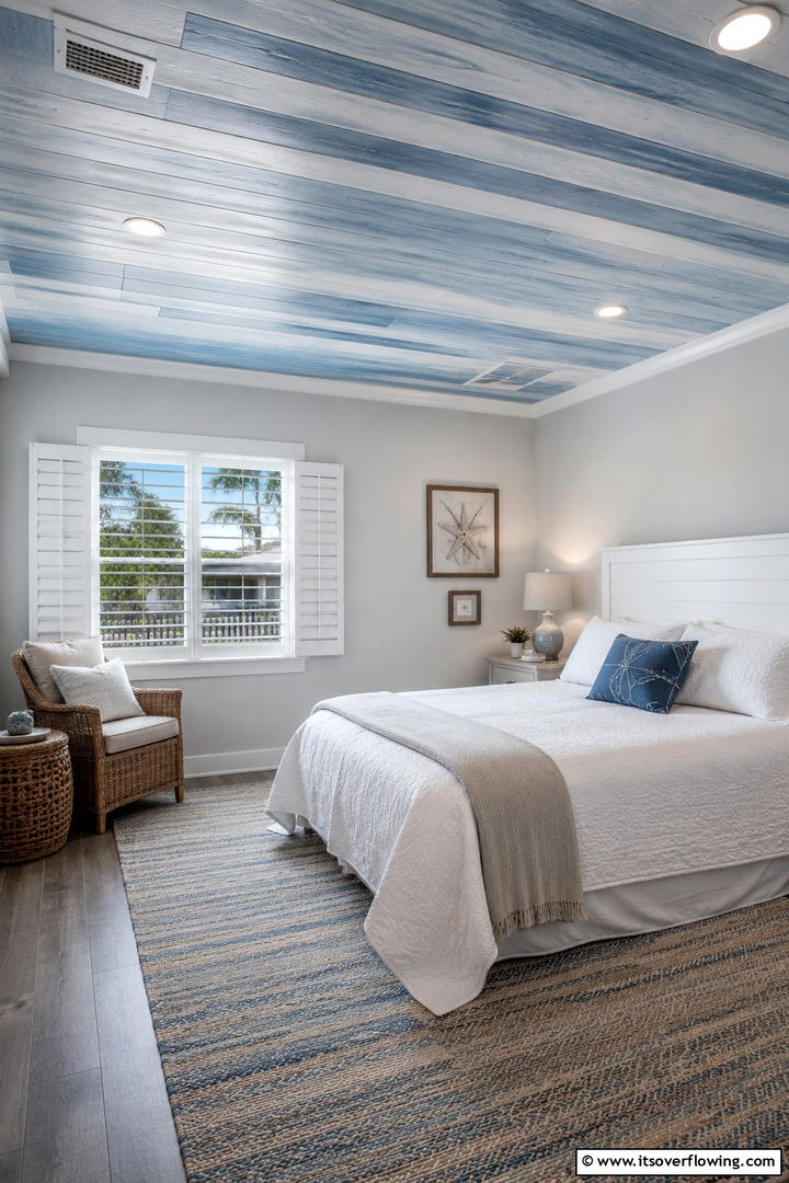 Calming Blue Accents - 30 Shiplap Ceiling Ideas to Add Farmhouse Charm Anywhere
