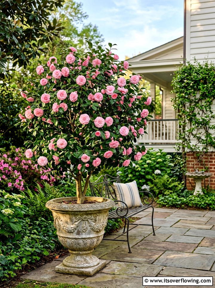 Camellia Floral Display - 25 backyard decorating ideas with potted trees