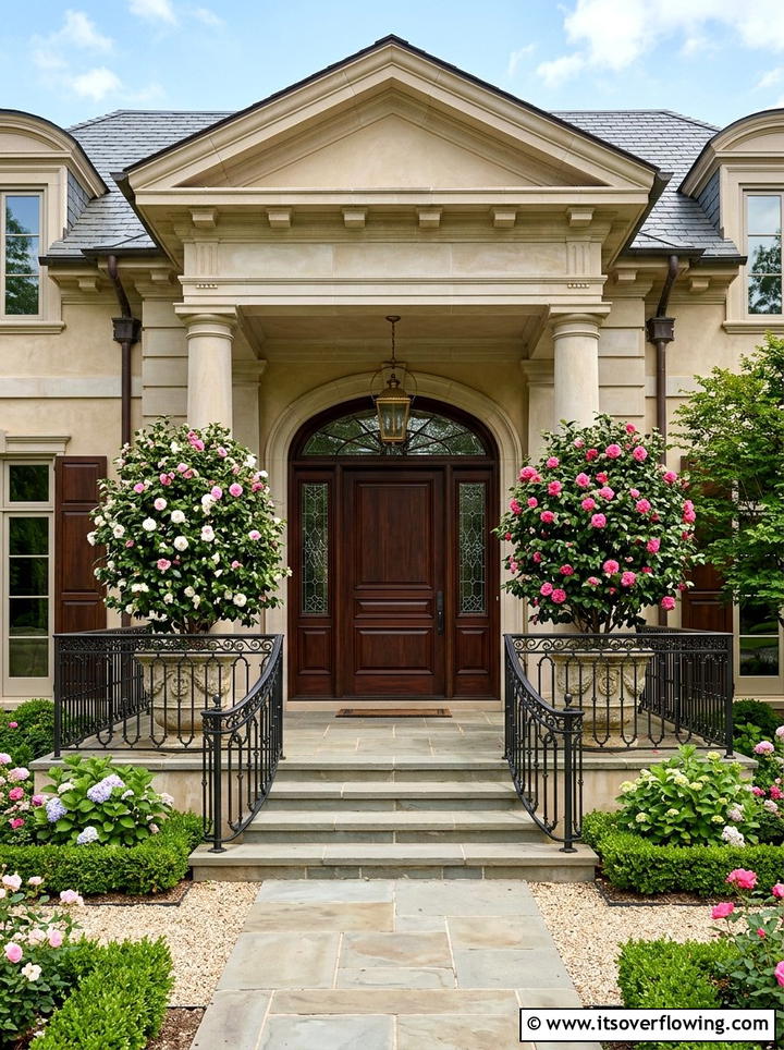 Camellia entryway bushes - 25 front porch ideas with cat safe plants