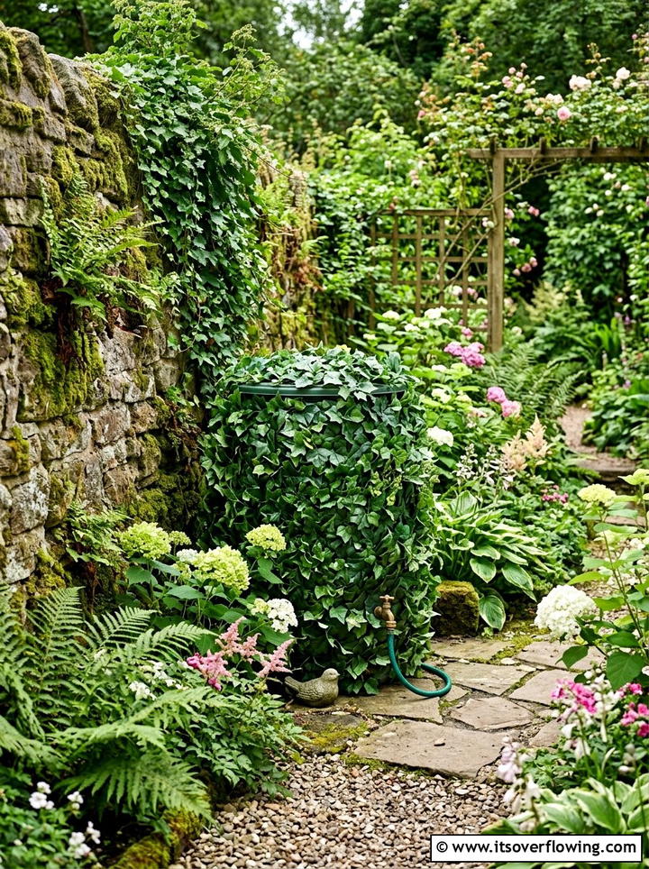 Camouflaged Rain Barrel With Faux Ivy - 25 backyard ideas with rain barrel setup