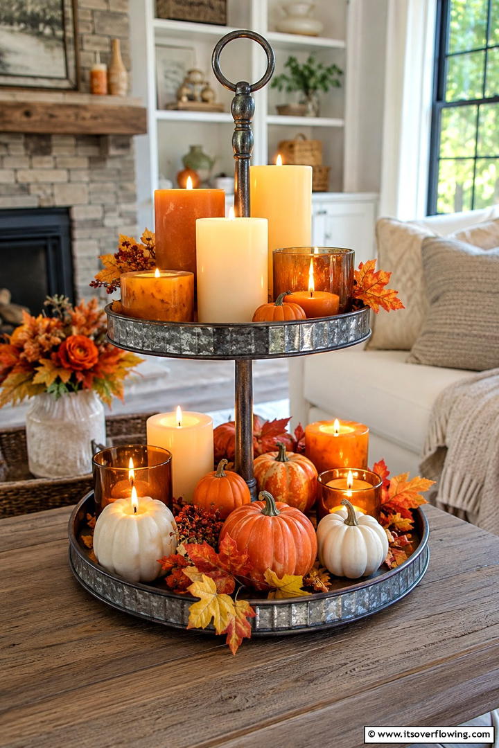 Candlelight Autumn Glow - 50 Fall Tiered Tray Decor Ideas for Festive Shelves