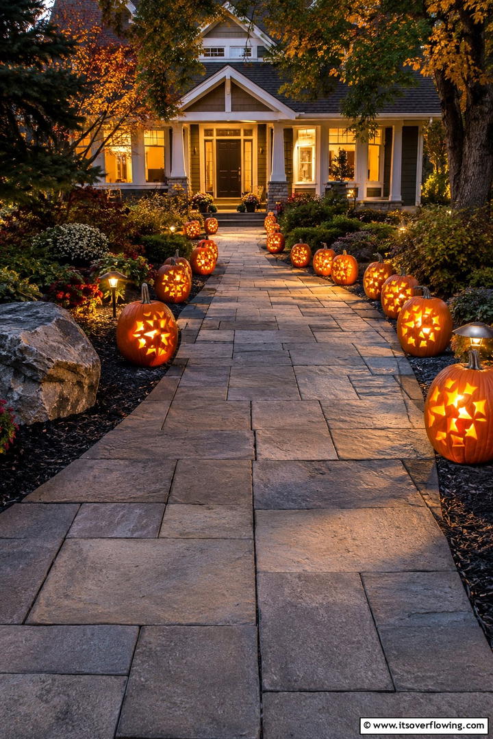Candlelit Pumpkin Lantern Pathway - 50 Fall Pumpkin Decor Ideas for Cozy Autumn Homes Today
