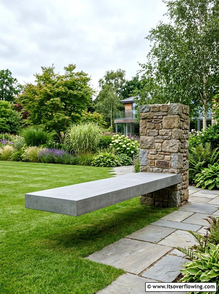 Cantilevered concrete bench for garden - 25 backyard ideas with concrete bench
