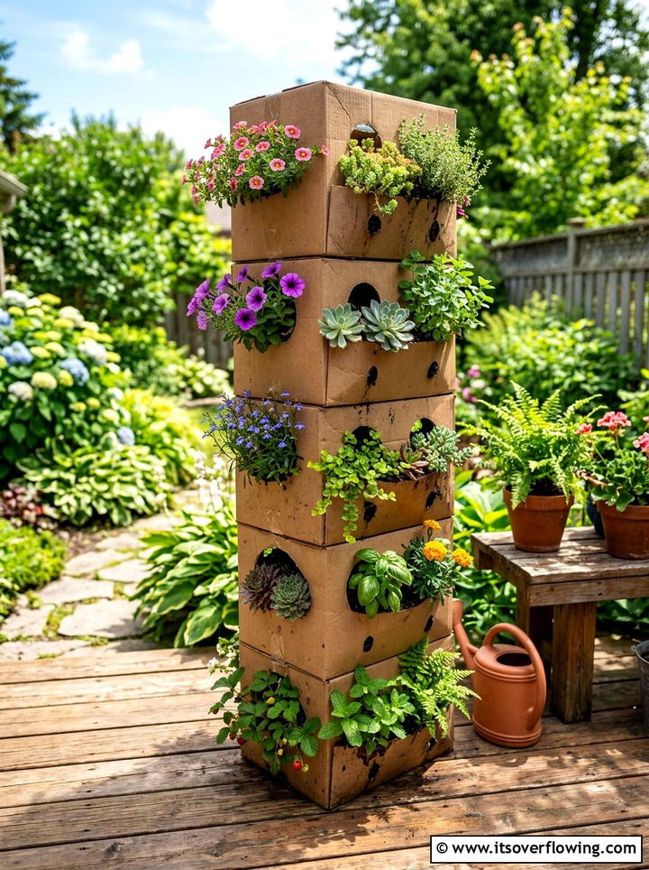 Cardboard vertical planter - 25 recycled garden ideas with cardboard