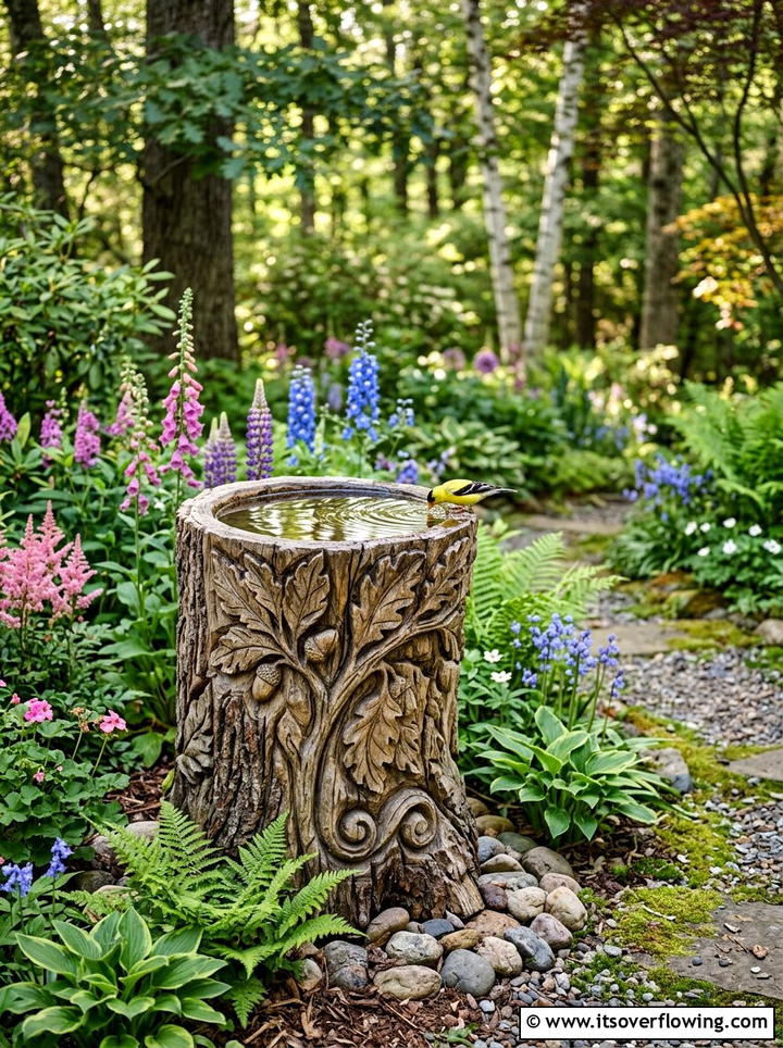 Carved Wood Bird Bath - 25 garden decor ideas with wood art