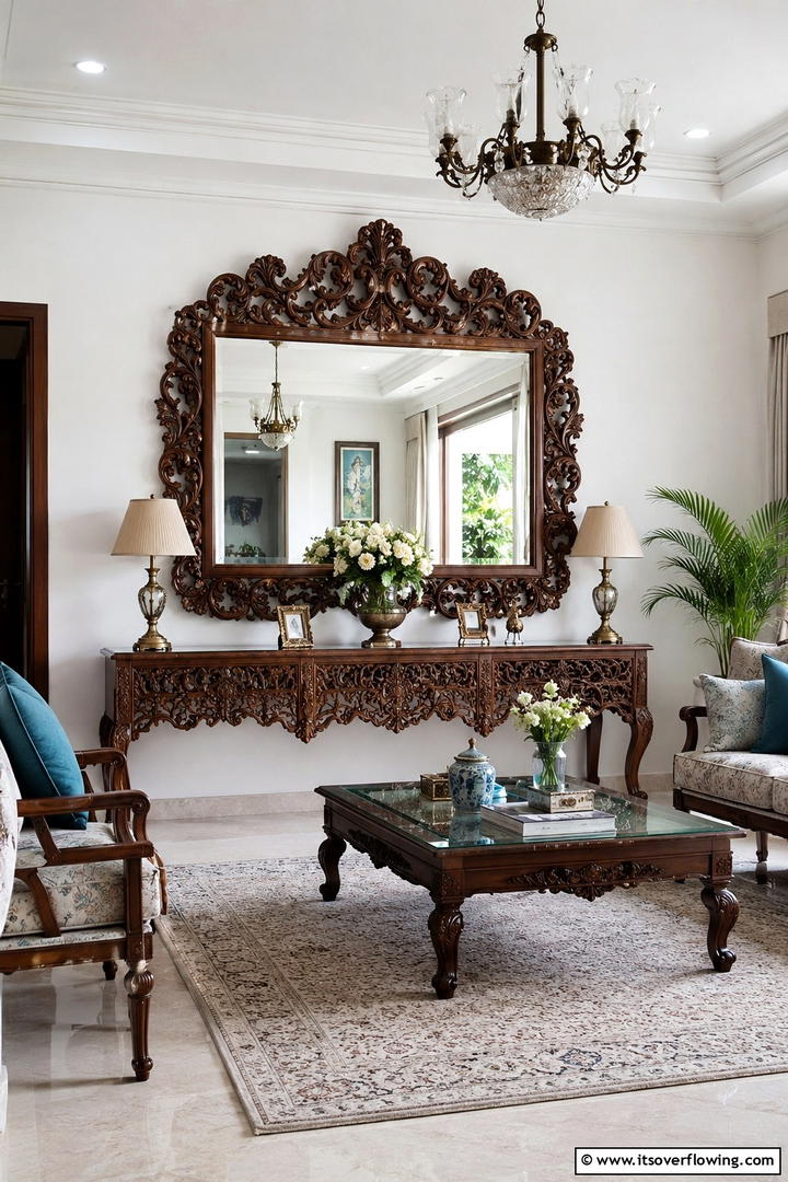 Carved Wood Mirrors - 50 Living Room Fall Decor Ideas for Cozy Autumn Updates