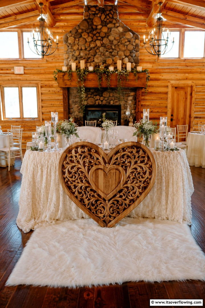 Carved Wooden Heart Centerpiece - 30 Rustic Wedding Centerpieces for a Charming Celebration