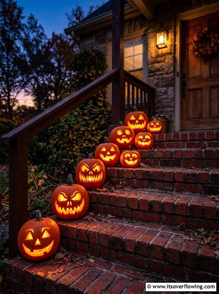 Carved jack o lanterns - 25 front porch decor ideas with real pumpkins