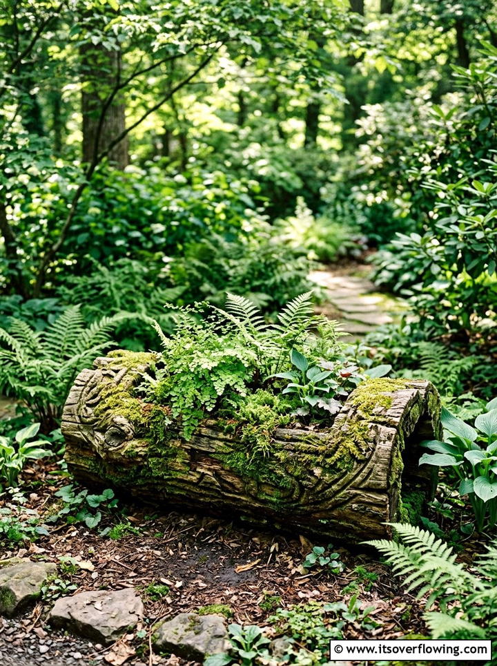 Carved log hollow planter - 25 recycled garden ideas with recycled wood art