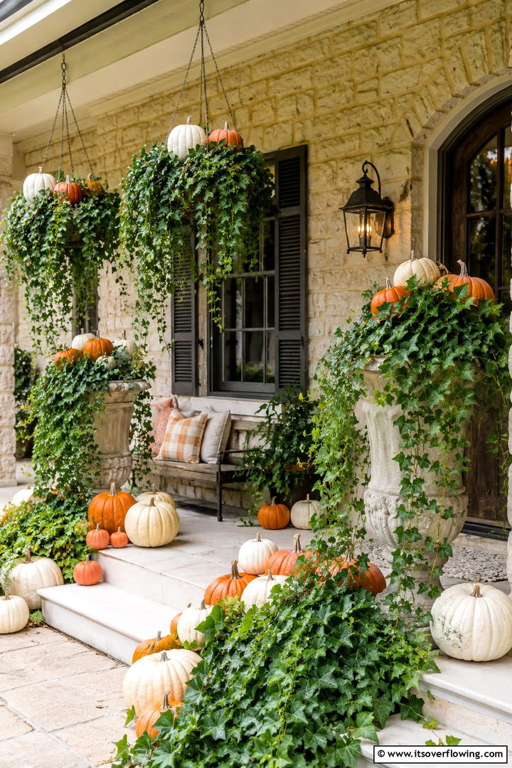 Cascading Ivy and Pumpkin Mix - 50 Modern Fall Porch Decor Ideas Roundup- Warm Welcomes