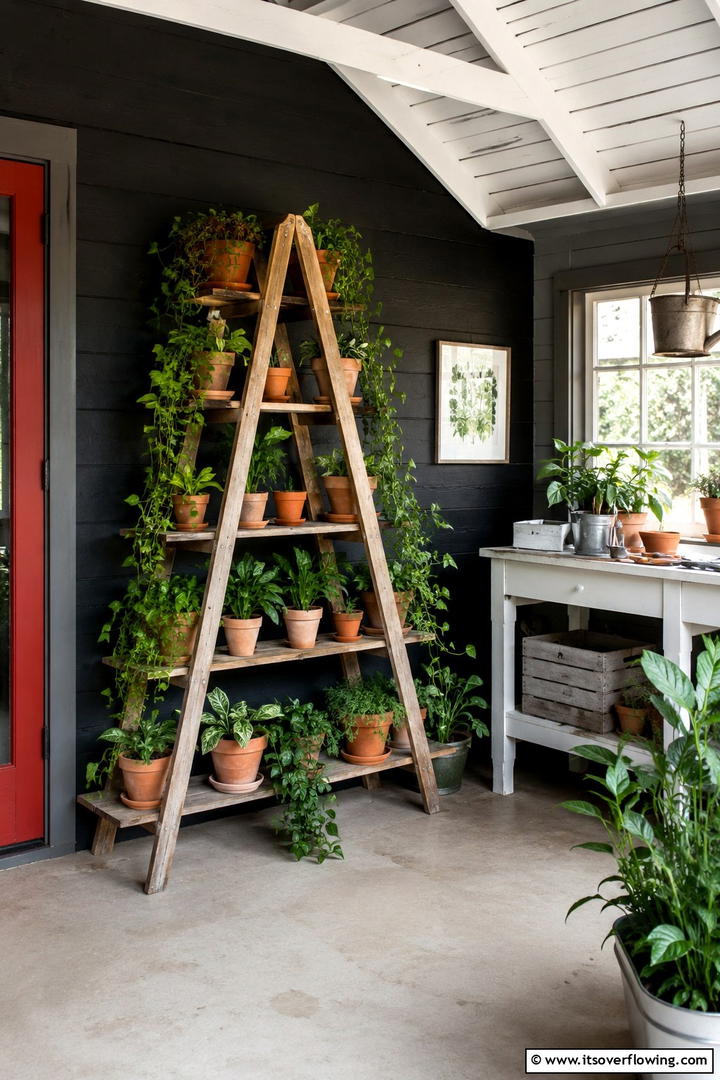 Cascading Ladder Shelves - 30 Shed Shelving Ideas for Optimal Storage Solutions