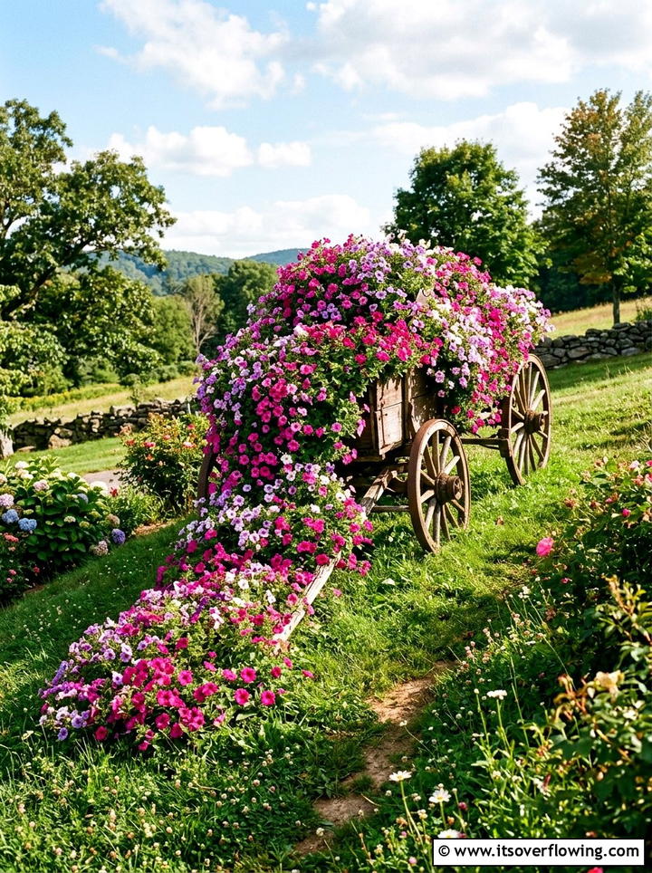 Cascading Petunia Wagon Arrangement - 25 upcycled garden ideas with old wagons