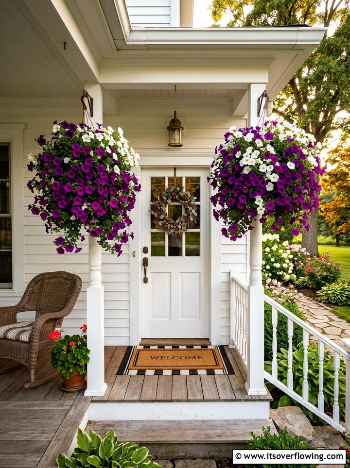 Cascading Petunias Porch - 25 small garden ideas with hanging baskets