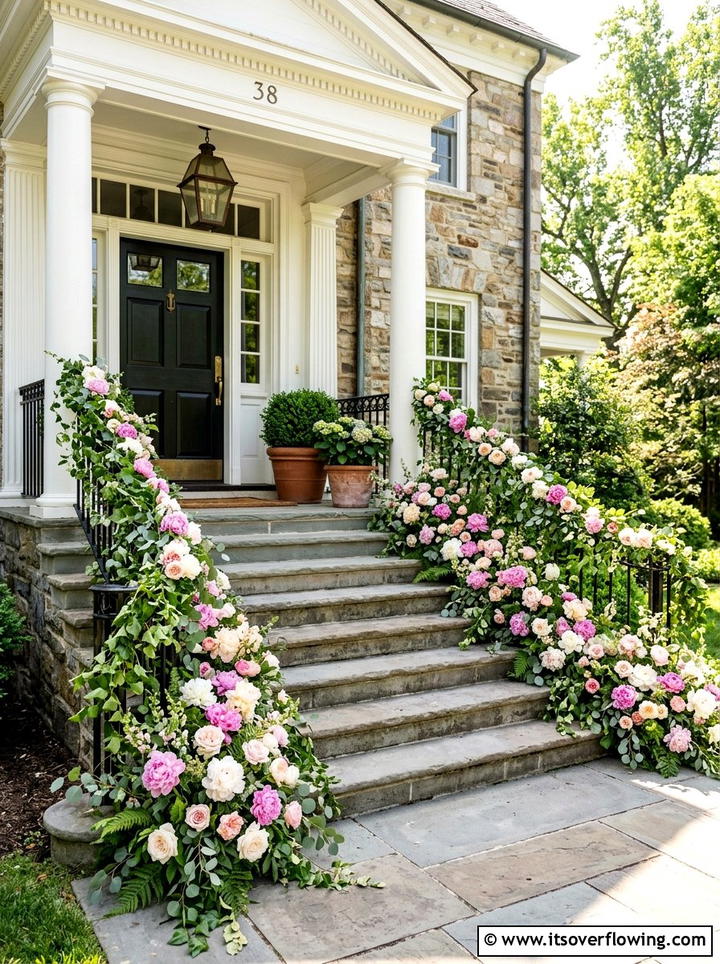 Cascading floral garland for porch steps - 25 front porch ideas with floral garland