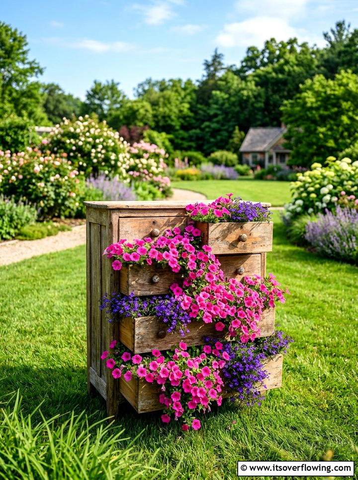 Cascading flower dresser - 25 upcycled garden ideas with old dressers