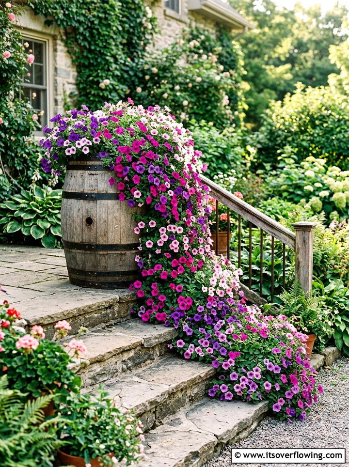 Cascading petunia barrel display - 25 front porch ideas with barrel planters