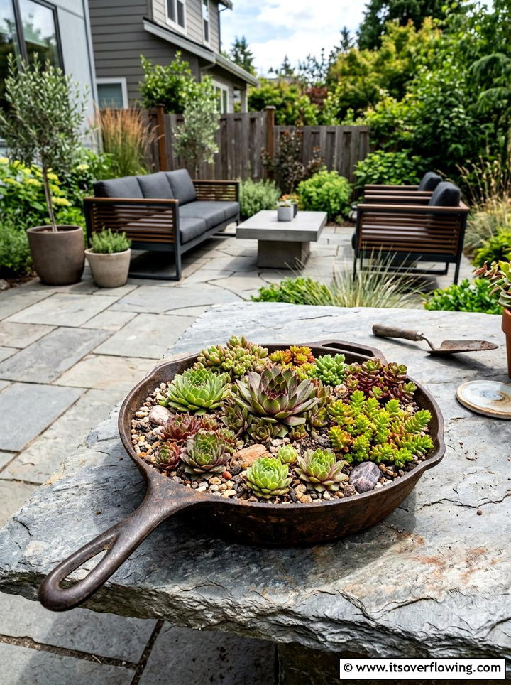 Cast Iron Skillet Succulent Tray - 25 recycled garden ideas with old kitchenware