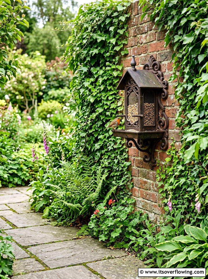Cast iron bird feeder on brick wall - 25 garden ideas with bird feeders