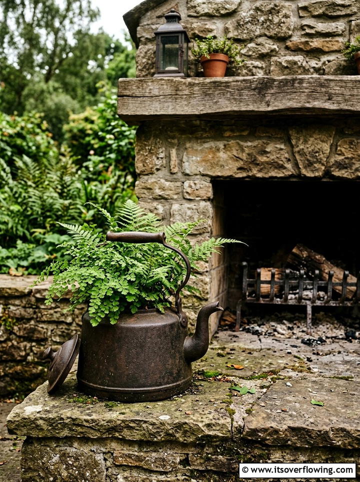 Cast iron kettle planter - 25 upcycled garden ideas with old kettles