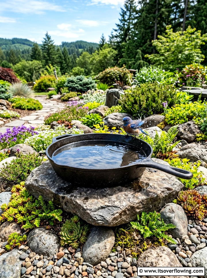 Cast iron skillet bird bath - 25 upcycled garden ideas with bird baths