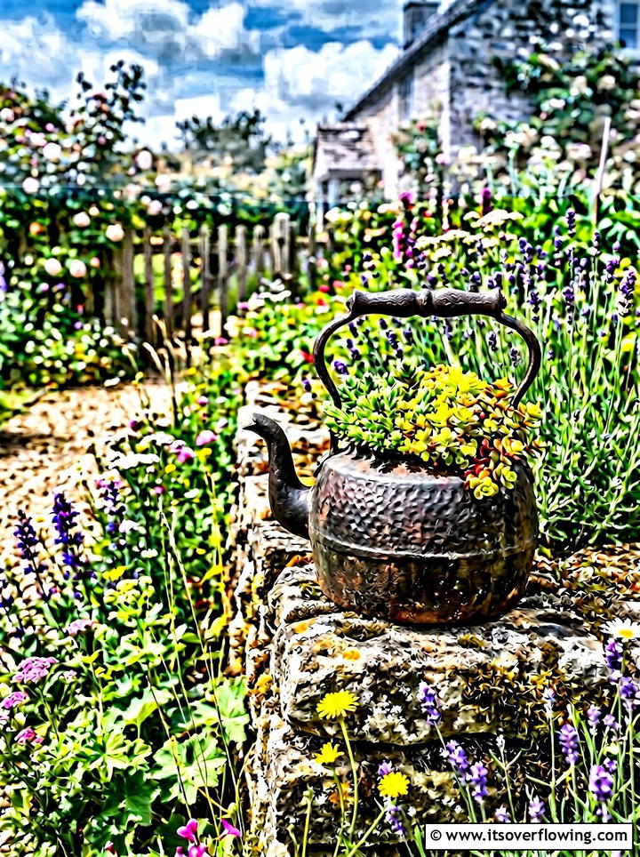 Cast iron tea kettle planter - 25 garden decor ideas with antique finds