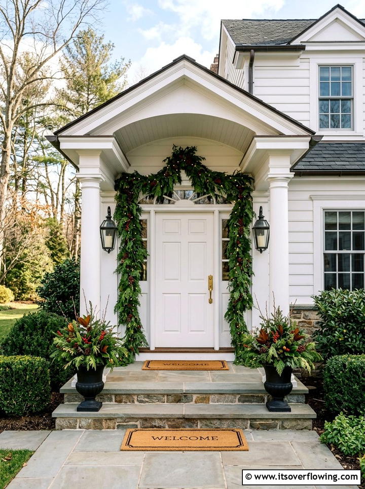 Cedar Garland Porch Entry - 25 front porch ideas with winter decor