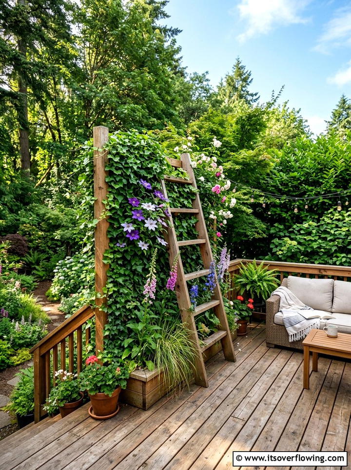 Cedar Outdoor Privacy Ladder - 25 garden decor ideas with floral ladders