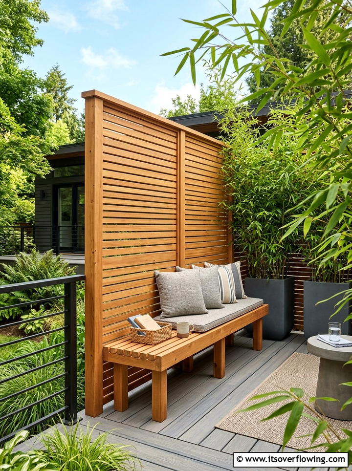 Cedar Slat Privacy Screen Bench - 25 garden ideas with bench seating