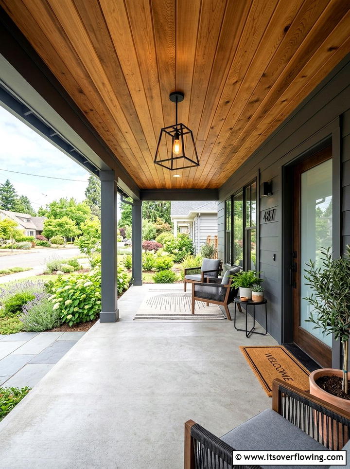 Cedar Wood Ceiling - 25 front porch decor ideas with modern minimal look