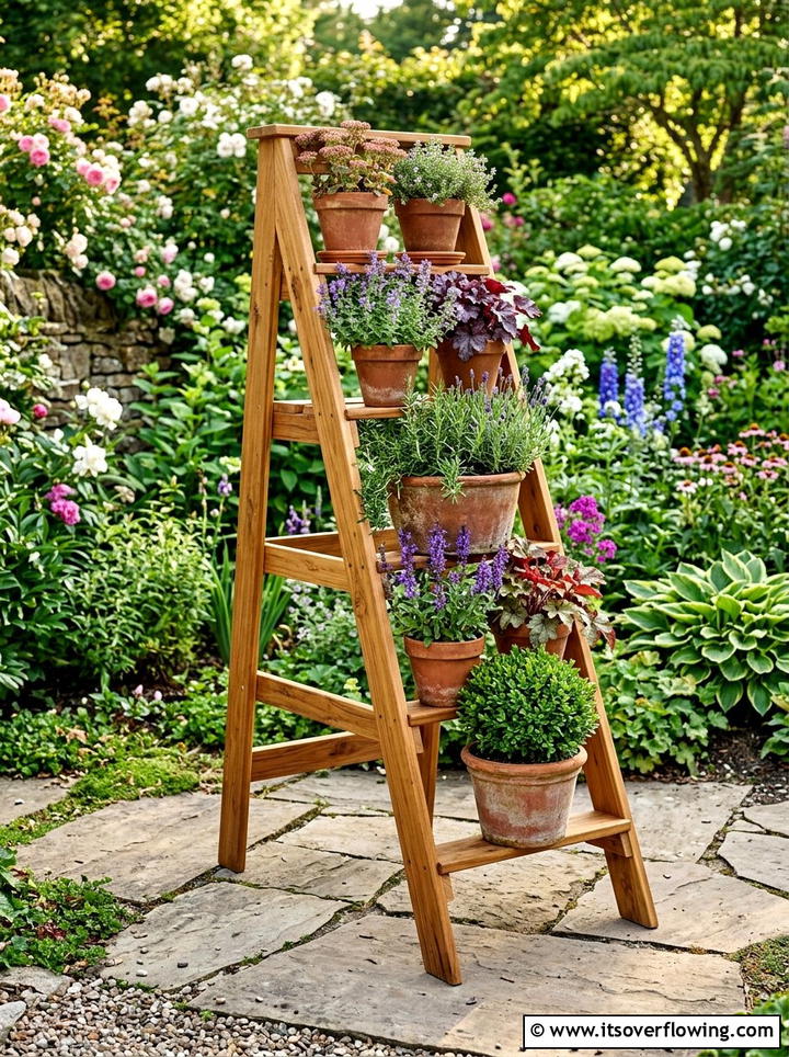 Cedar Wood Plant Ladder - 25 garden decor ideas with ladder plant stands