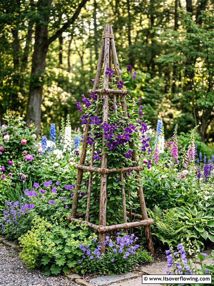 Cedar branch garden obelisk - 25 cheap garden ideas with homemade trellis
