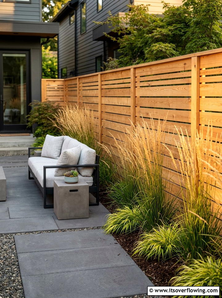 Cedar horizontal slat fence - 25 backyard ideas with trellis fence