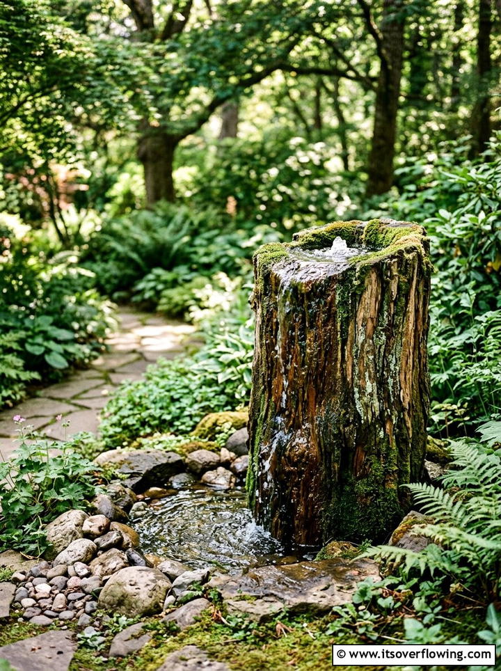 Cedar log water fountain - 25 upcycled garden ideas with watering stations