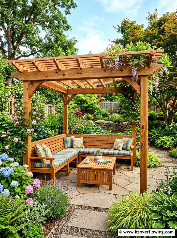 Cedar wood pergola with built in benches - 25 garden ideas with pergola