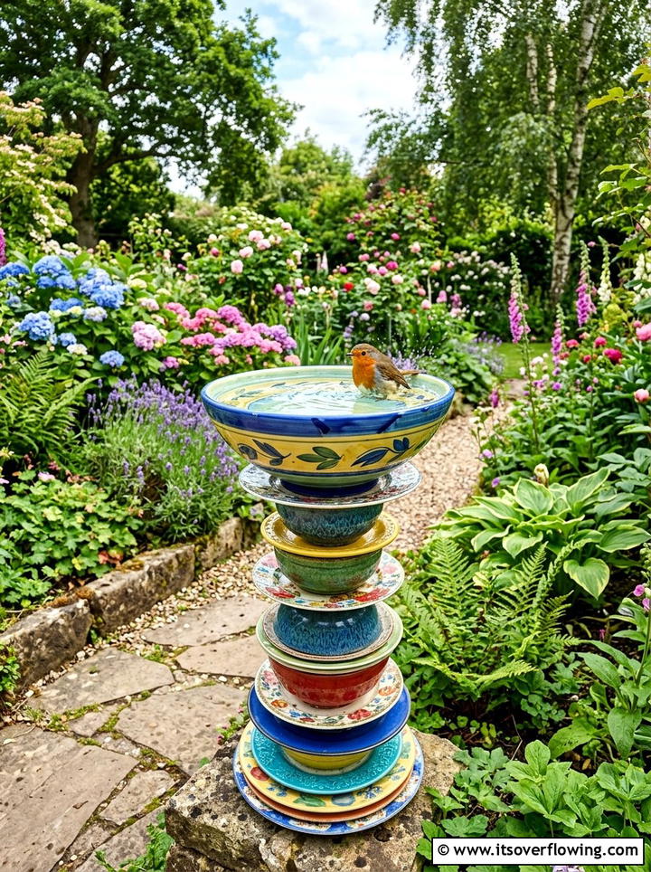 Ceramic Plate Birdbath - 25 recycled garden ideas