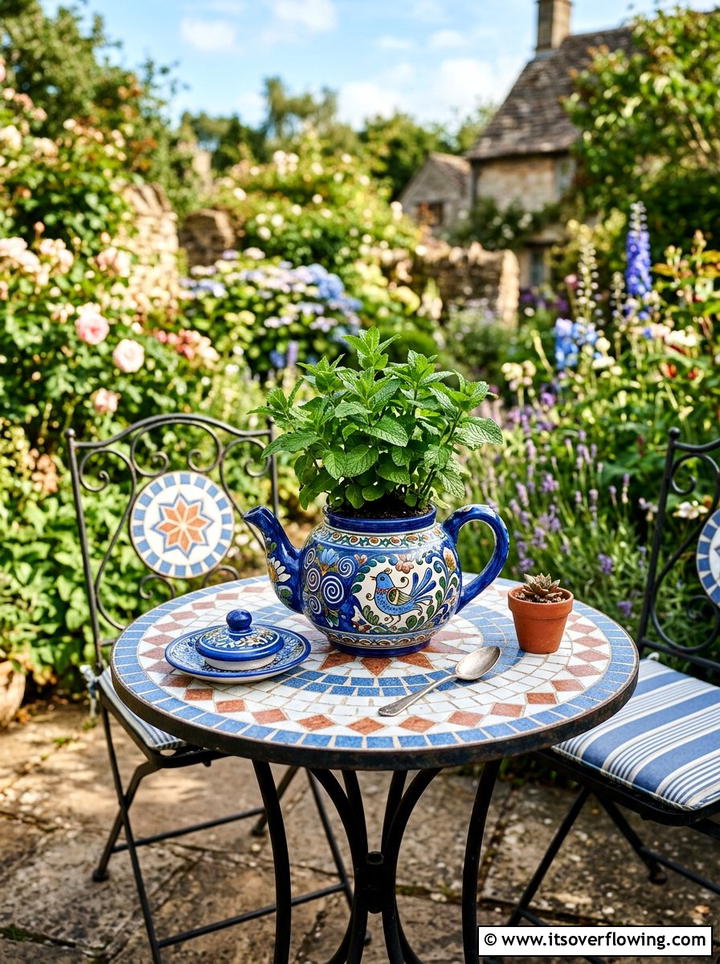 Ceramic Teapot Herb Garden - 25 recycled garden ideas with self watering planters