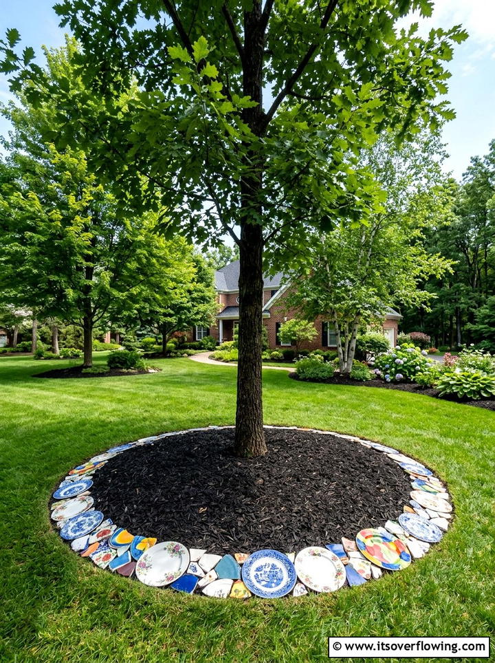 Ceramic Tile Tree Surround - 25 recycled garden ideas with chipped dishes