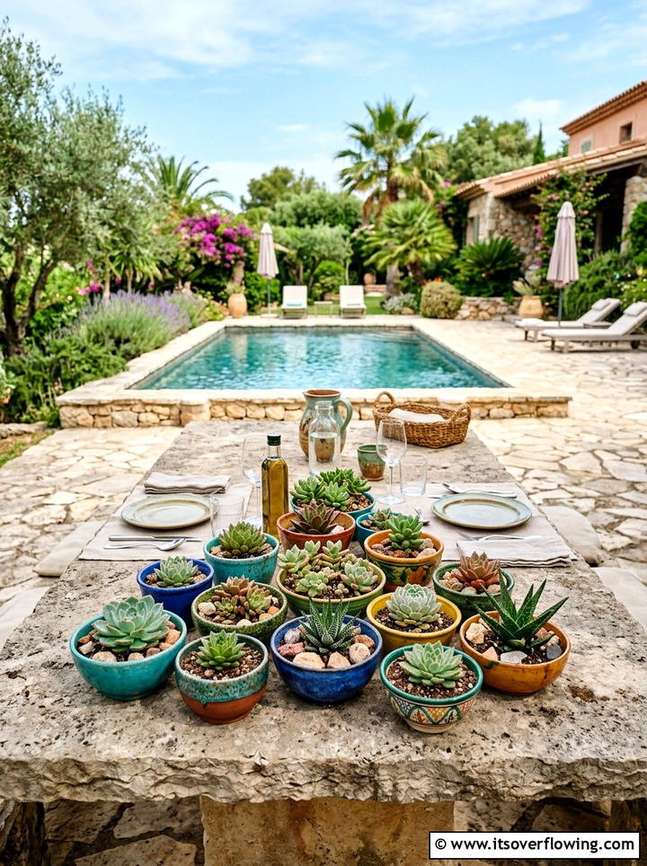 Ceramic bowl succulent clusters - 25 backyard decorating ideas with succulent pots